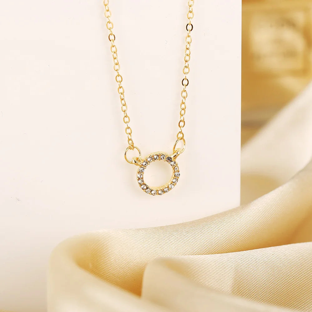 Minimalist Crystal Circle Pendant Necklace — Gold Color Chain