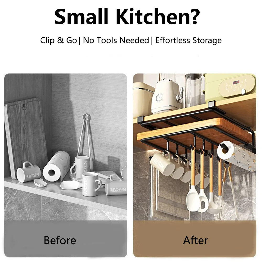 Under-Cabinet Kitchen Hanging Organizer Rack with Hooks