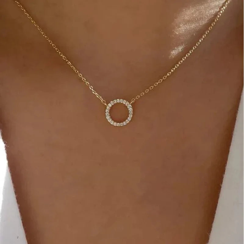 Minimalist Crystal Circle Pendant Necklace — Gold Color Chain