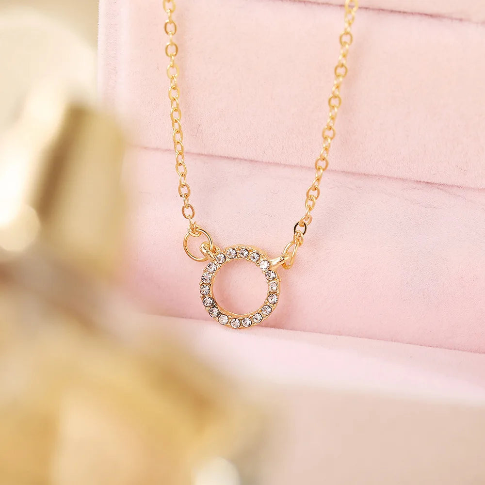 Minimalist Crystal Circle Pendant Necklace — Gold Color Chain
