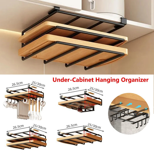 Under-Cabinet Kitchen Hanging Organizer Rack with Hooks